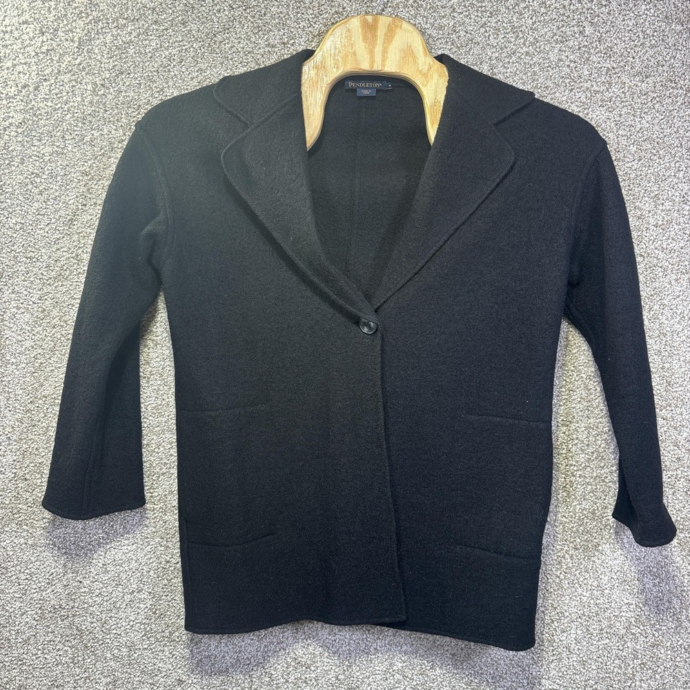 Pendleton Sweater Womens Small Black Merino‎ Wool Blazer Cardigan 3/4 Sleeve
